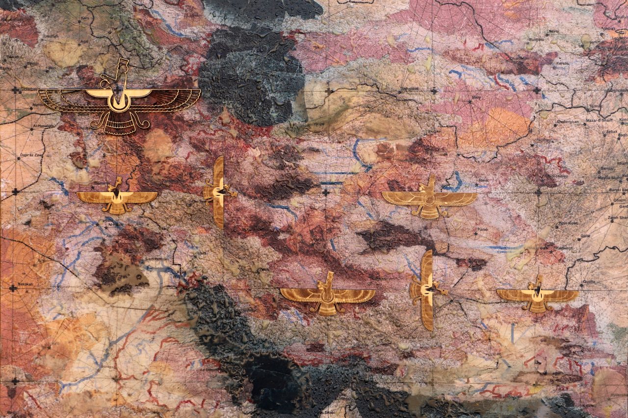 Farvahar Persian cartographic art by Ata Tara depicting Iran's geography and ancient Persian symbolism